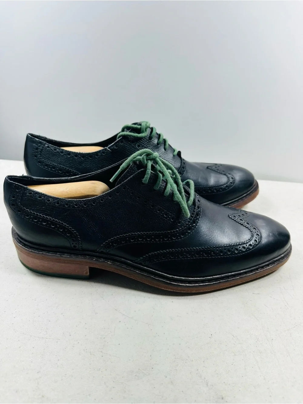 Cole Haan Wingtip Oxfords, #C11756, Black/Green, Leather, Men's US Size 10.5